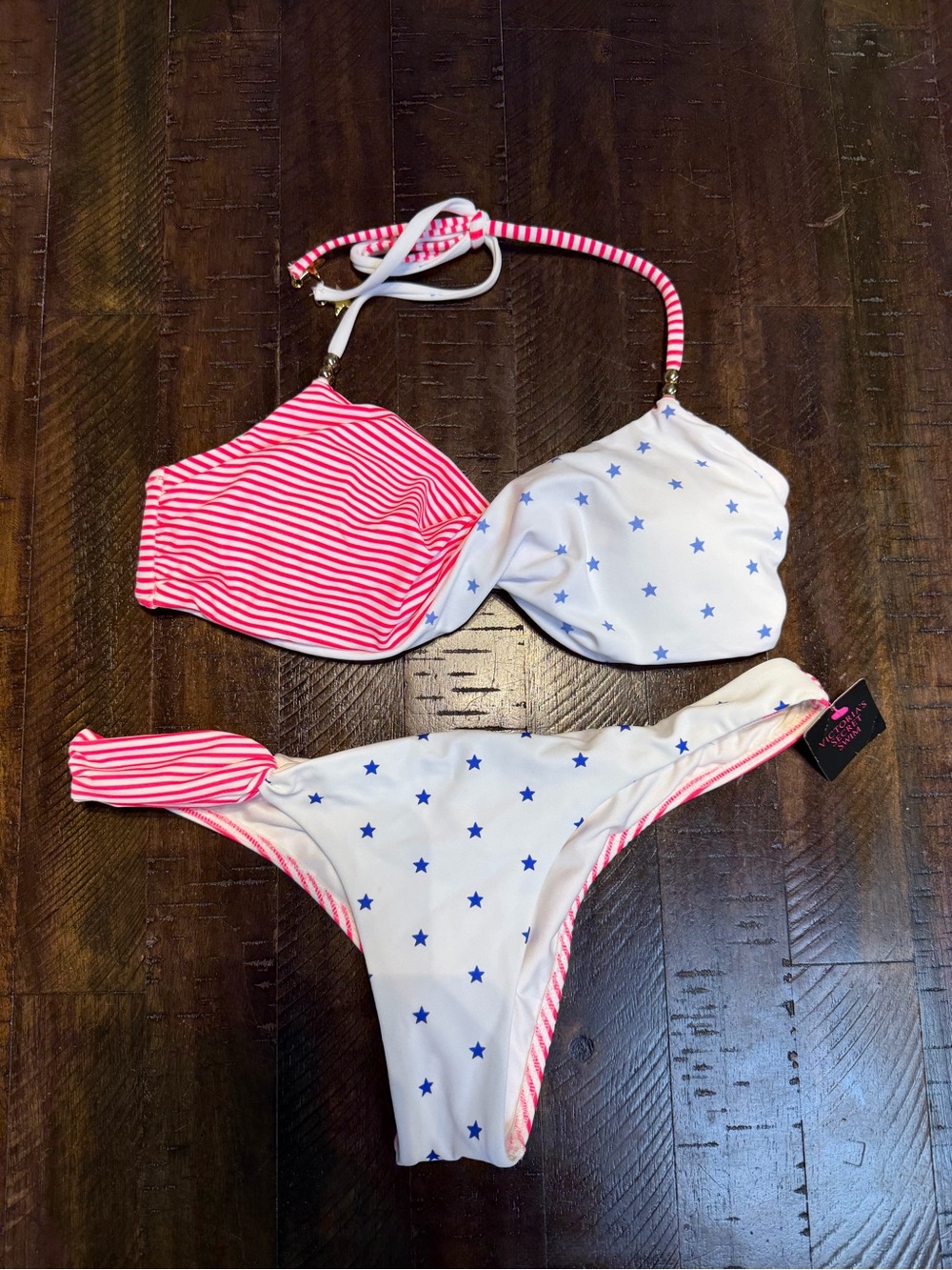 Victoria's Secret Reversible Pink/Red White and Blue Star Print Bikini Set
